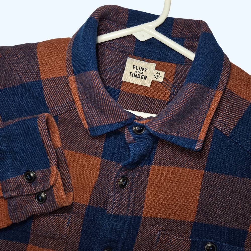 Flint and Tinder Blue Orange Brown Buffalo Plaid Flannel Shirt Heavy Mens Medium